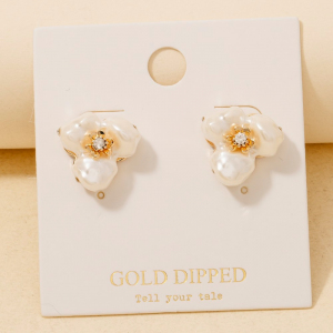 Gold Dipped Pearl And Gem Flower Stud Earrings