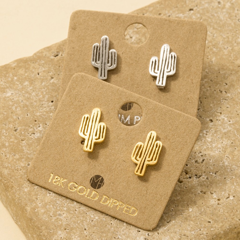 Gold Dipped Dainty Desert Cactus Stud Earrings