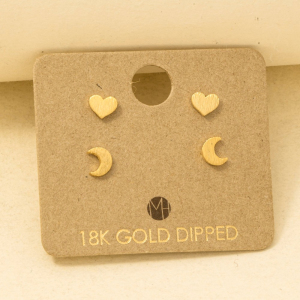 Mini Heart And Moon Stud Earring Set