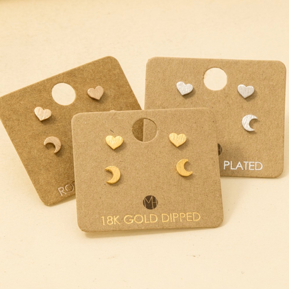 Gold Dipped Mini Heart And Moon Stud Earring Set