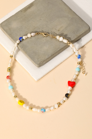 Beaded Pearl Heart Choker Necklace