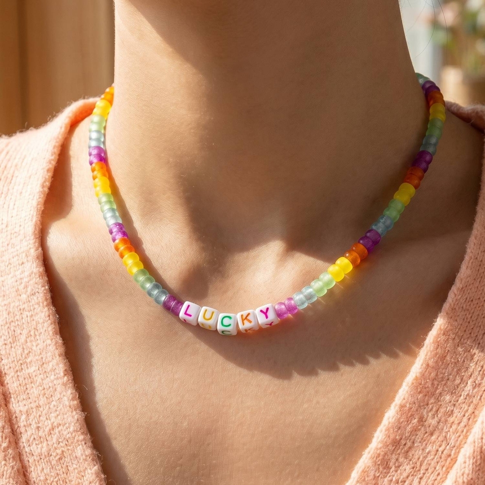 Lucky Letter Rainbow Bead Pendant Necklace
