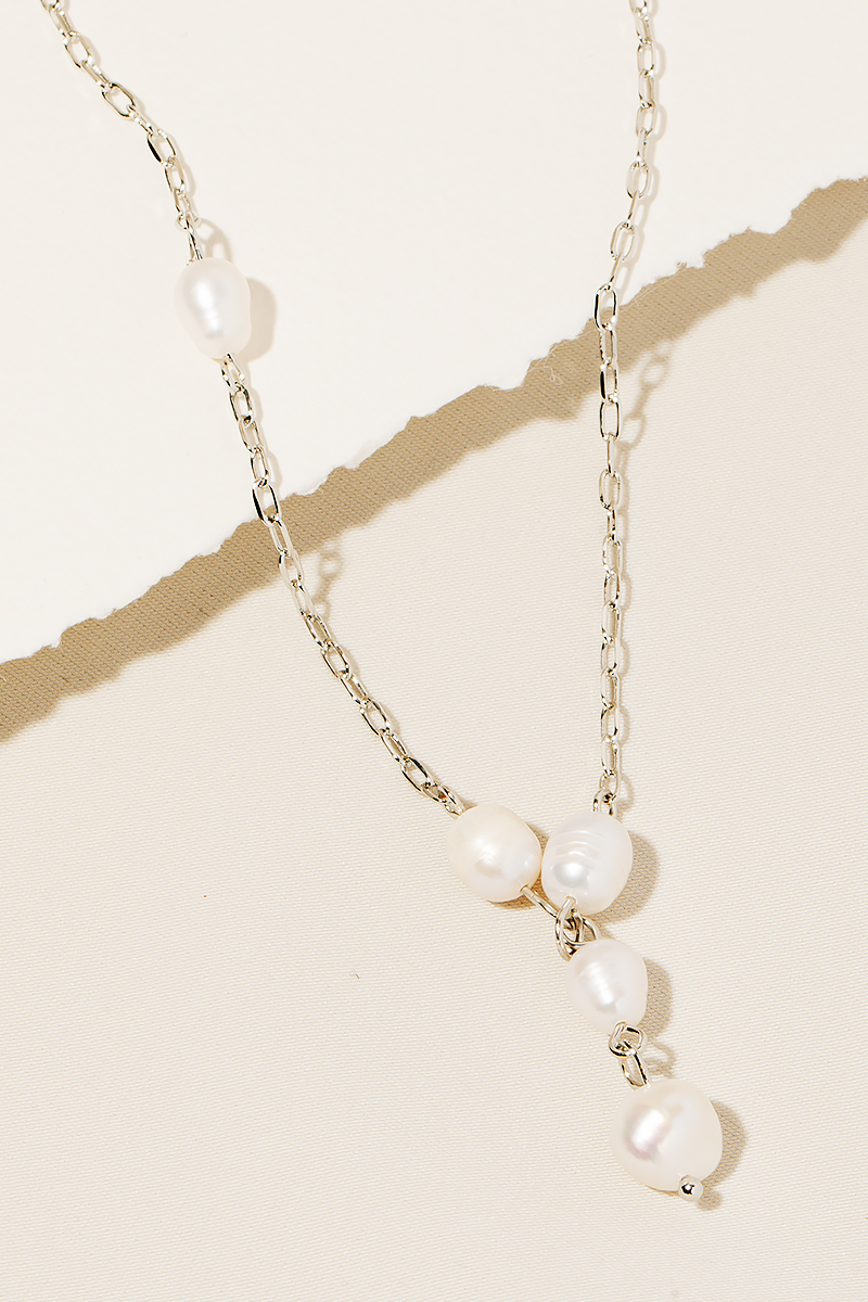 Offset Pearl Beaded Y Chain Necklace