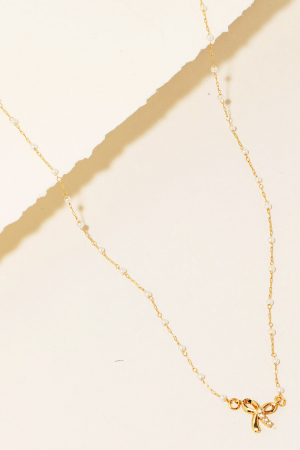 Bow Pendant Pearl Beaded Station Chain Necklace