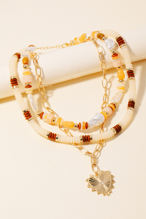 Single Stud Heart Layered Mixed Beaded And Chains Necklace