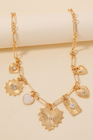 Mixed Studded Metallic Heart Charms Necklace