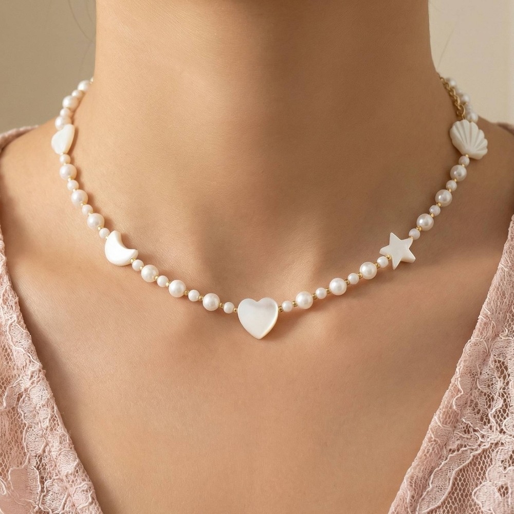 Mixed Shape Shell Charms Pearl Beaded Necklace