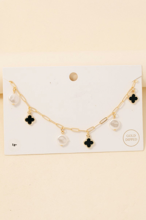 Gold Dipped Pearl And Clover Charms Chain Necklace