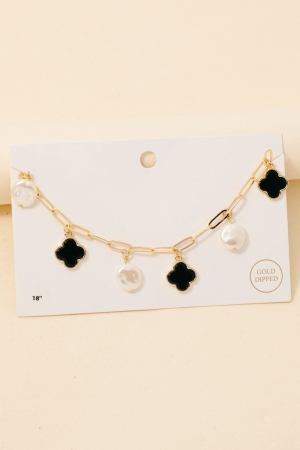 Gold Dipped Larger Pearl And Clover Charms Chain Necklace