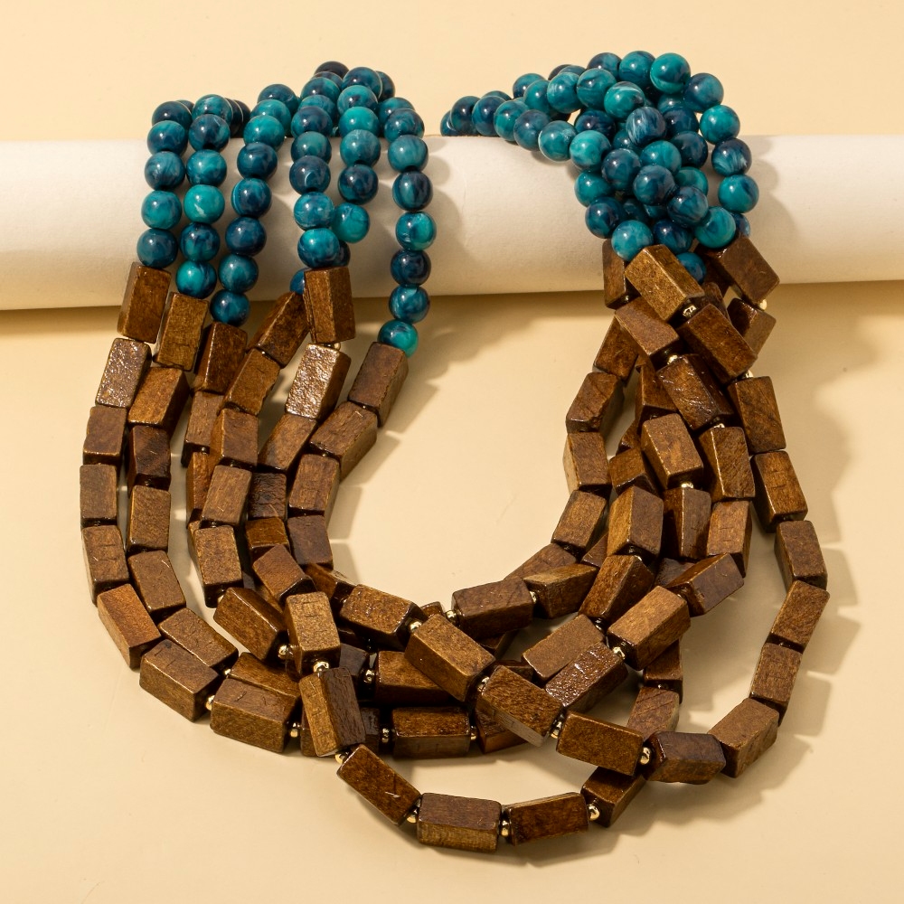 Gold Dipped Marble And Wood Resin Layered Statement Necklace