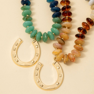 Gold Dipped Horse Show Pendant Marble Resin Disc Beaded Necklace