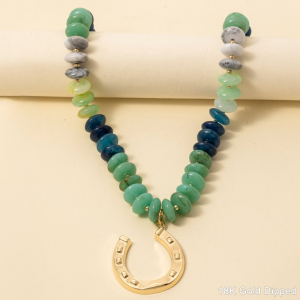 Gold Dipped Horse Show Pendant Marble Resin Disc Beaded Necklace