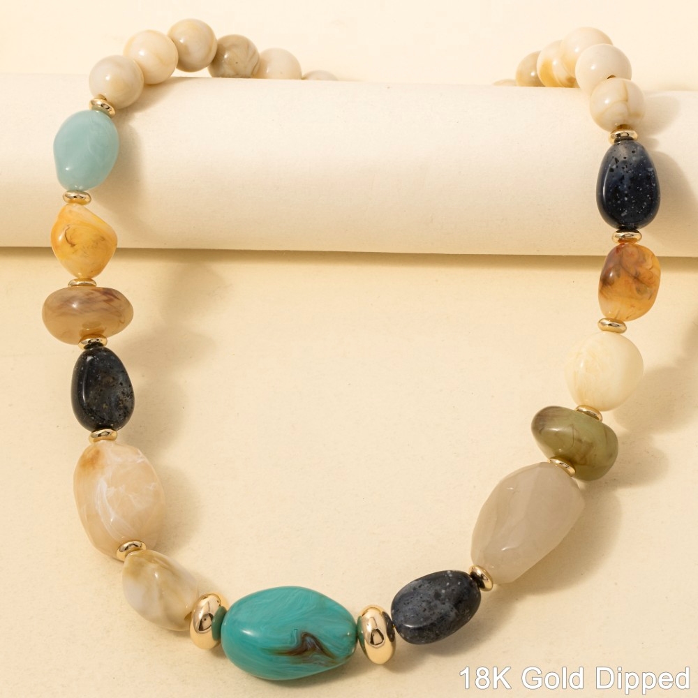 Gold Dipped Mixed Marble Resin Beads Necklace