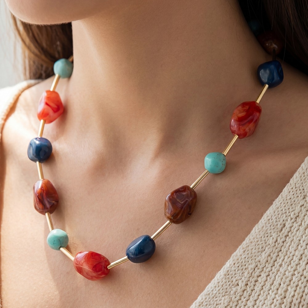 Gold Dipped Marble Acrylic Beads And Metallic Tubes Necklace