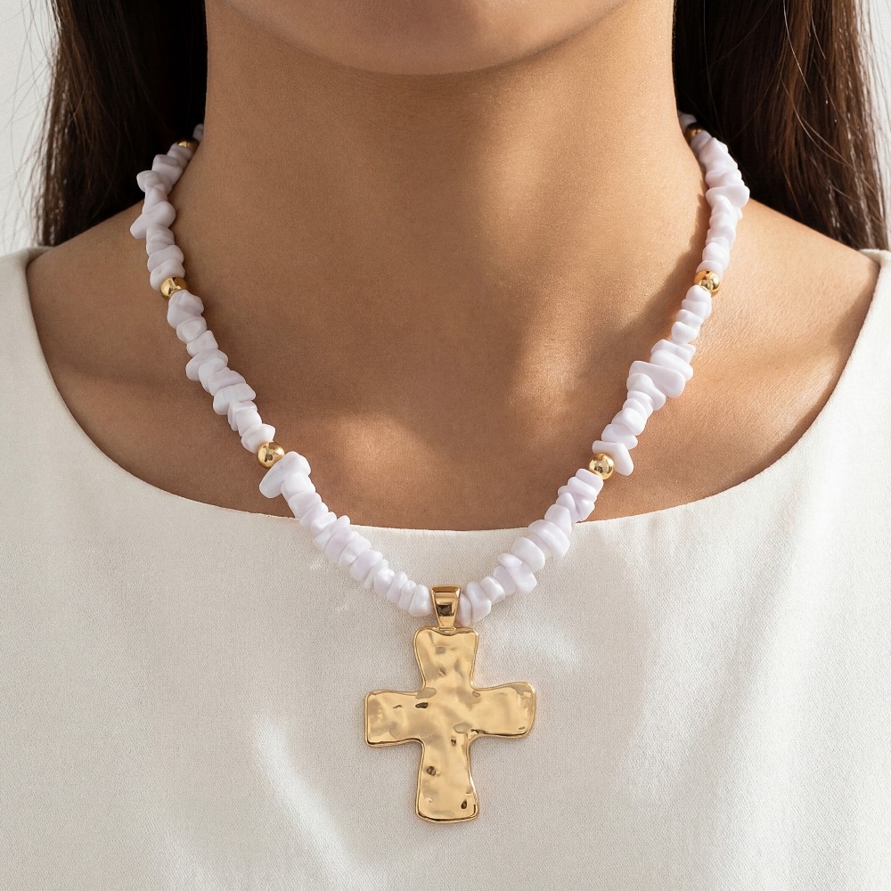 Gold Dipped Cross Pendant Chip Stone Beaded Necklace