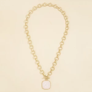 Matte Rolo Chain Toggle Stone Pendant Necklace