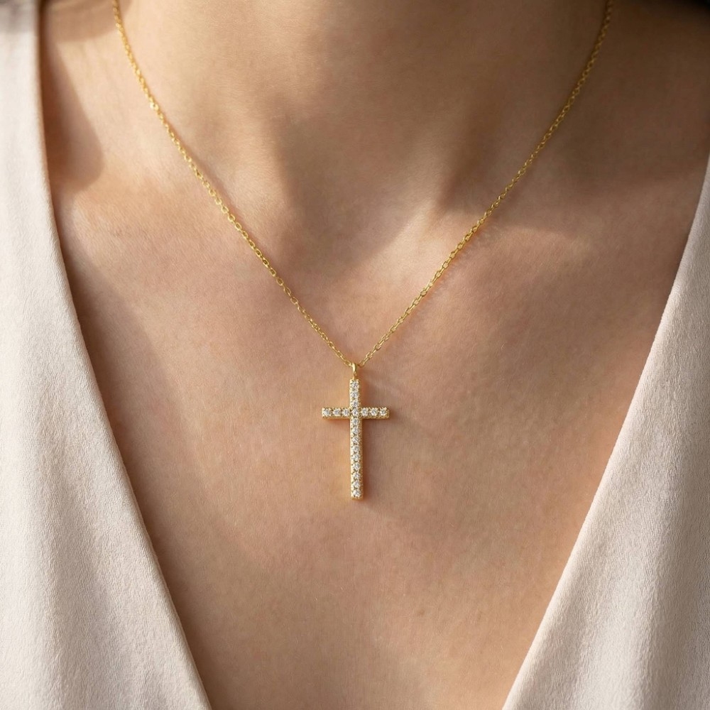 Gold Dipped Cz Pave Cross Pendant Necklace