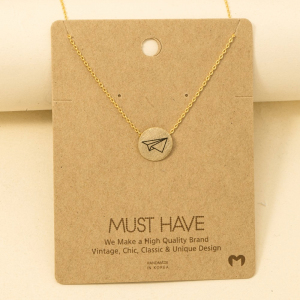 Origami Plane Etched Coin Pendant Necklace