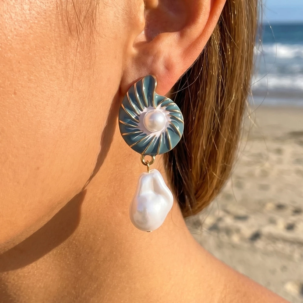 Nautilus Shell Baroque Pearl Drop Earrings