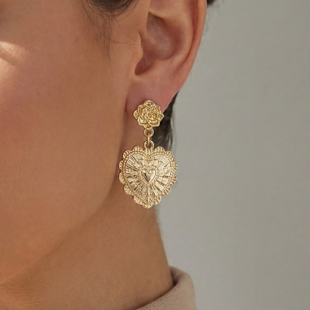 Metallic Textured Heart Drop Earrings