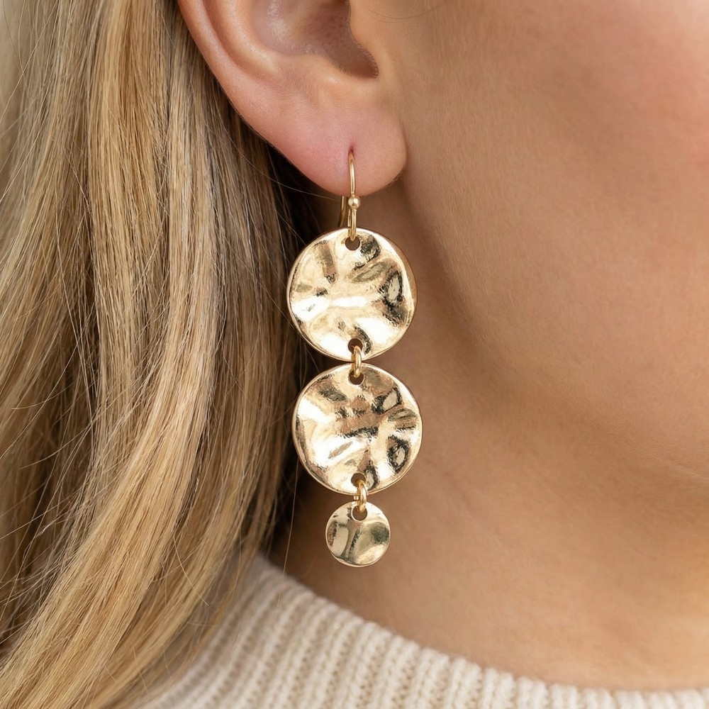 Hammered Disc Triple Drop Earrings