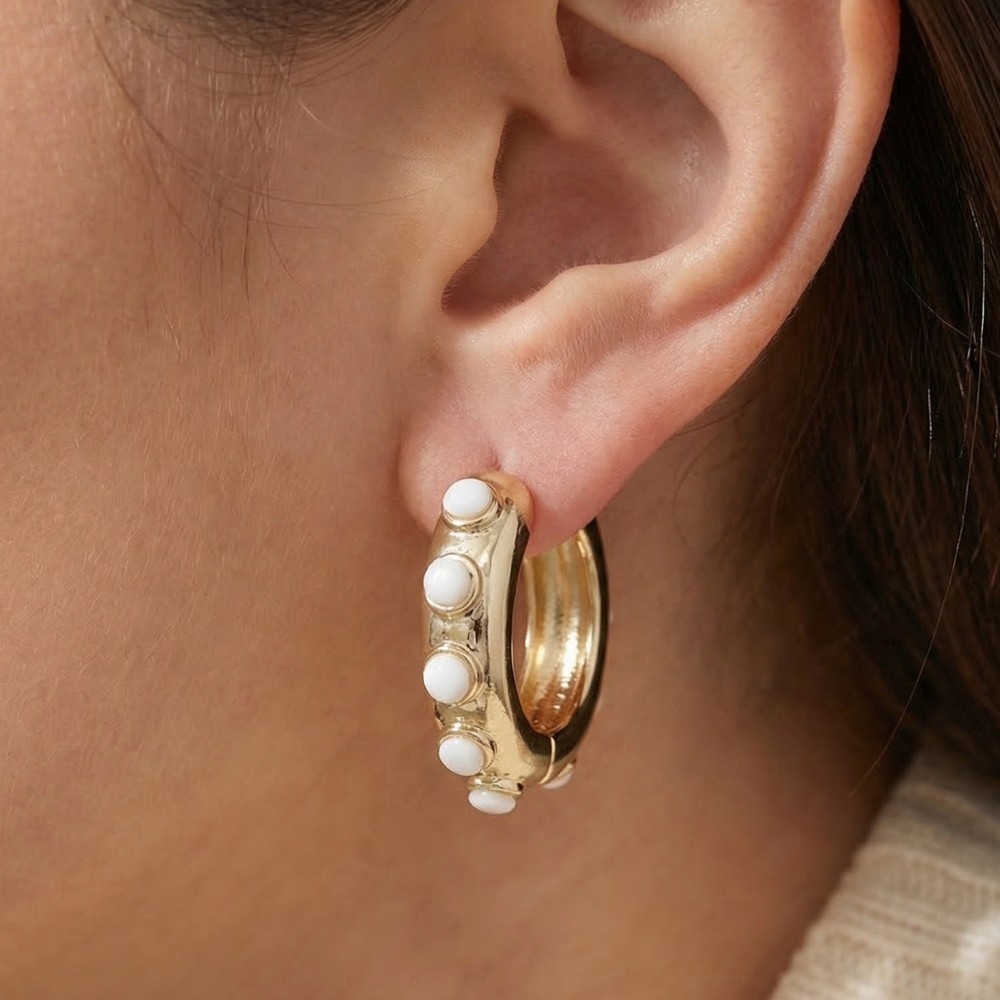 White Beads Accent Chunky Hoop Earrings