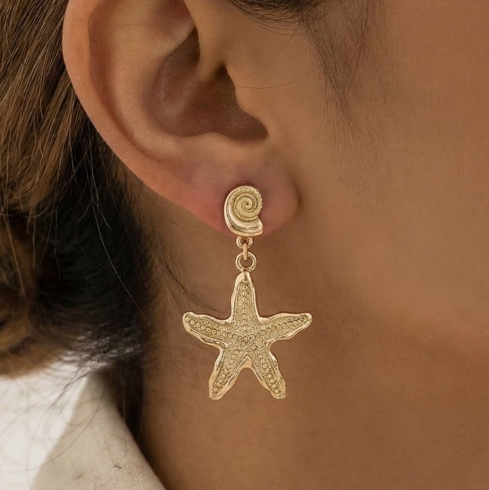 Spiral Shell And Starfish Dangle Drop Earrings