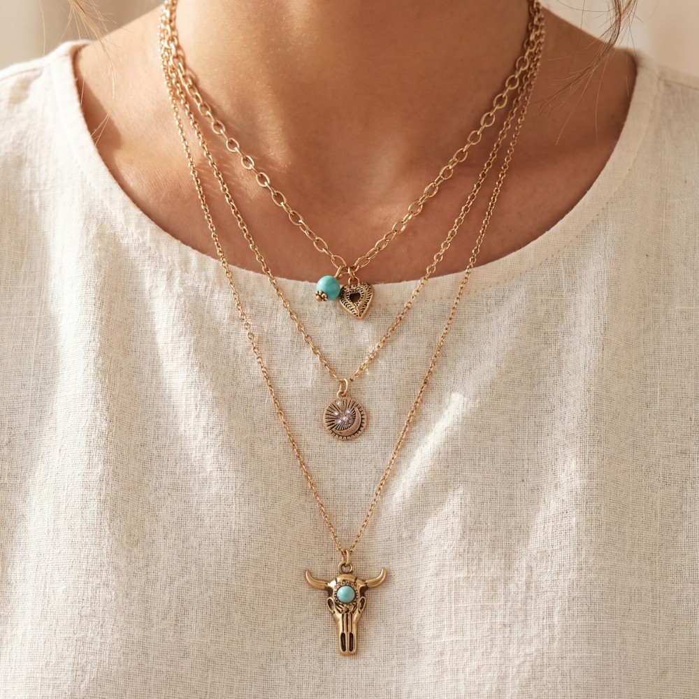 Bull Skull Western Triple Layer Chain Necklace