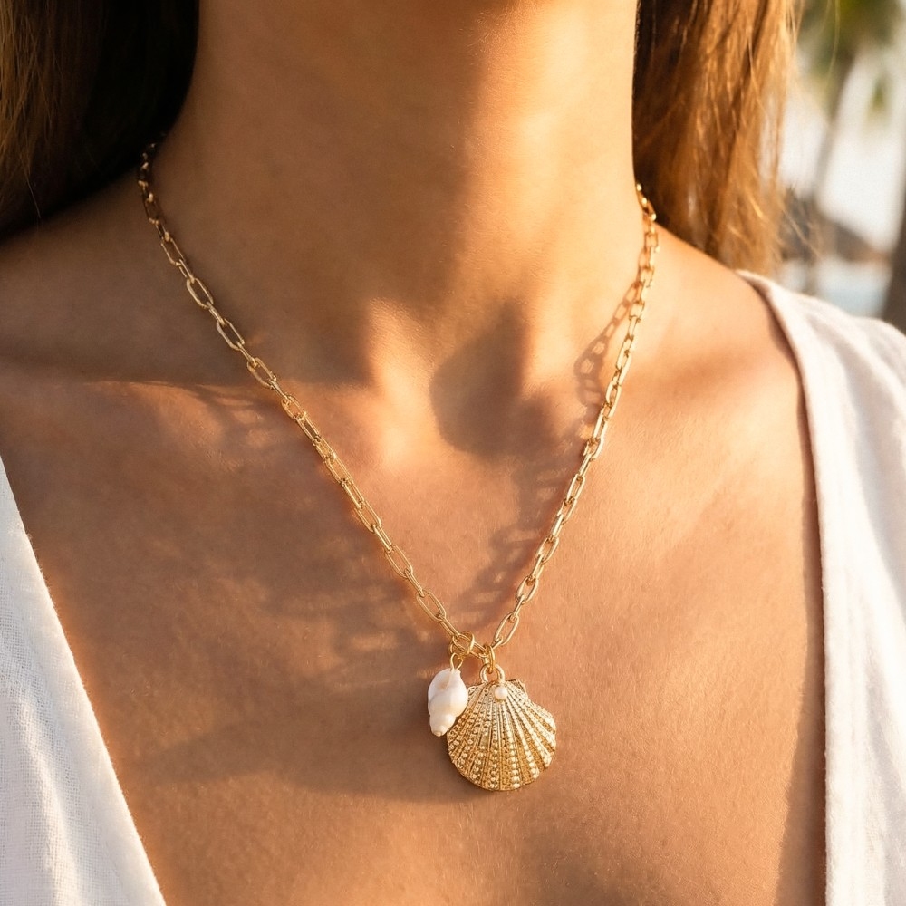 Textured Double Seashell Pendant Necklace