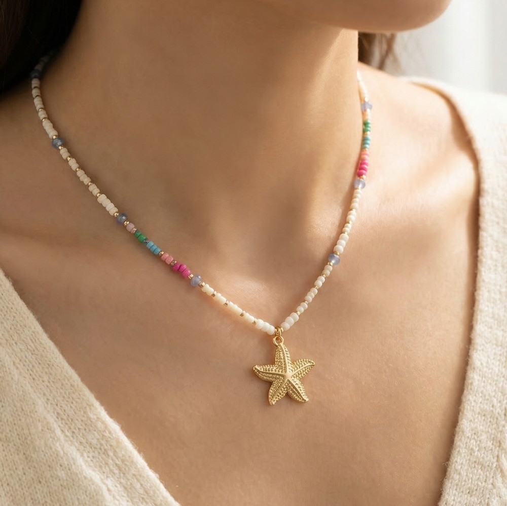 Multi Color Seed Beaded Starfish Pendant Necklace