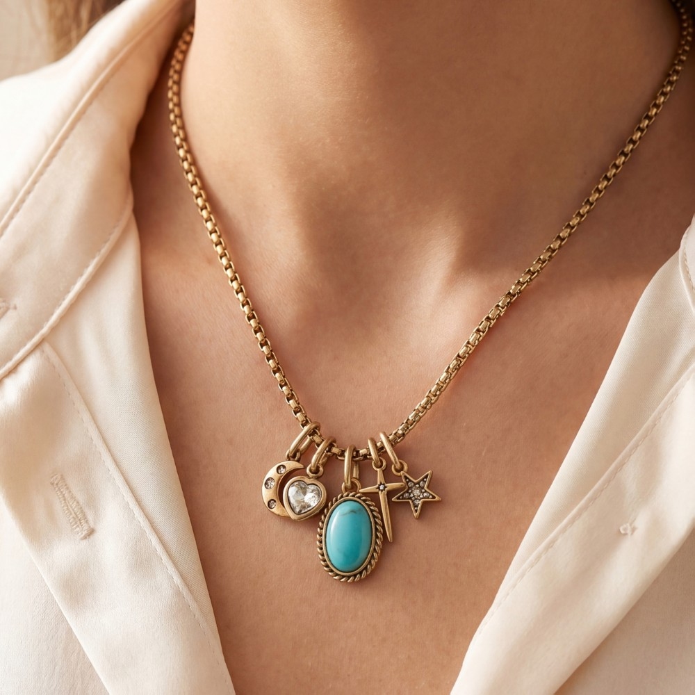 Western Turquoise & Celestial Multi-Charm Box Chain Necklace