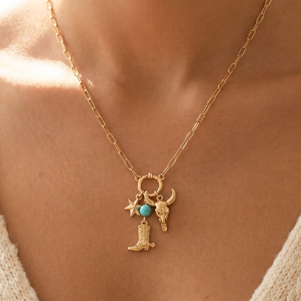 Western Bull Skull & Boot Charm Paperclip Chain Necklace