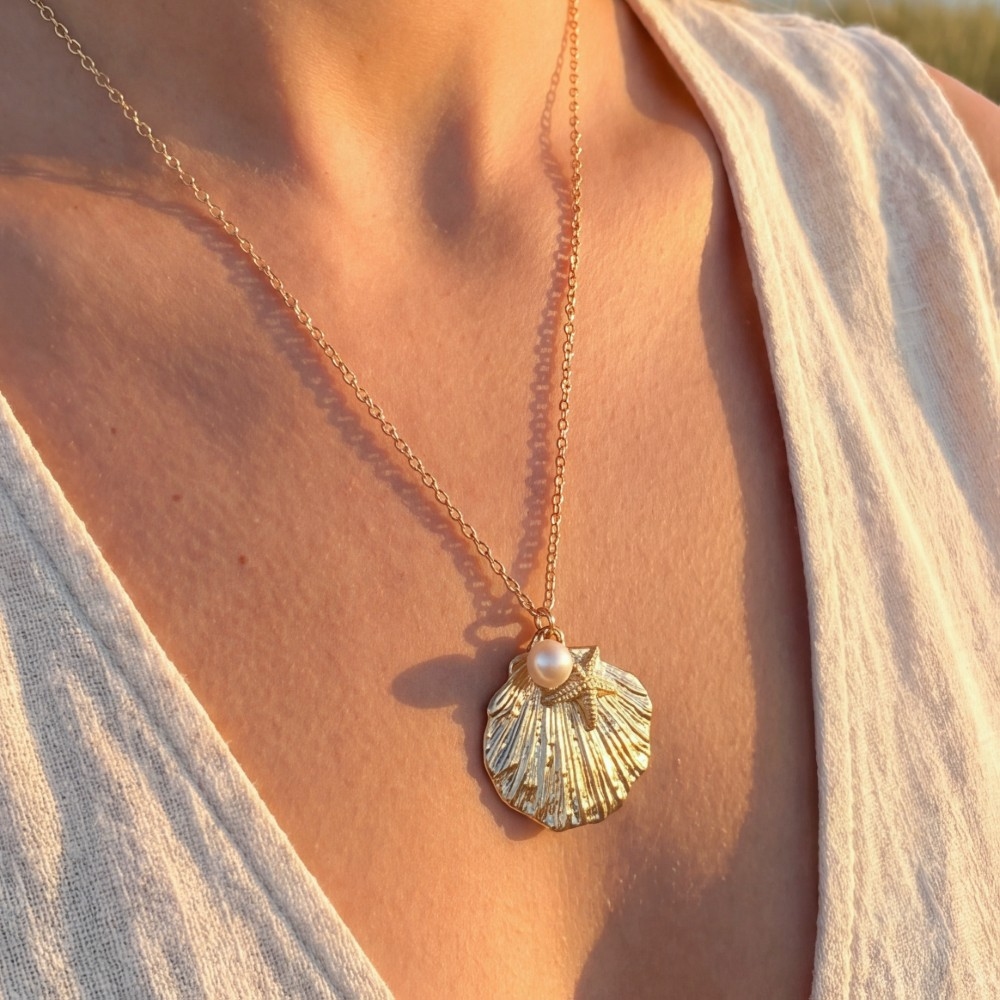 Gold Scallop Shell Pendant Necklace With Starfish & Pearl