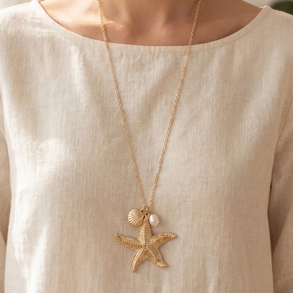 Gold Starfish Pendant Necklace With Shell & Pearl Charms