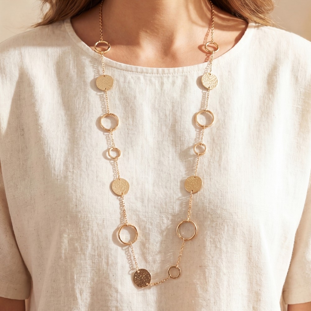 Long Hammered Disc & Open Circle Station Necklace