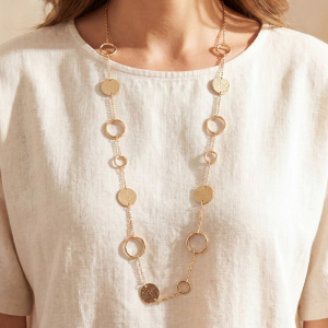 Long Hammered Disc & Open Circle Station Necklace