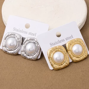 Stainless Steel Textured Frame Pearl Stud Earrings