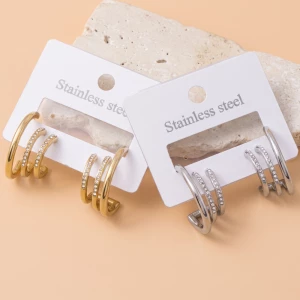 Stainless Steel Triple Band Cz Open Hoop Earrings