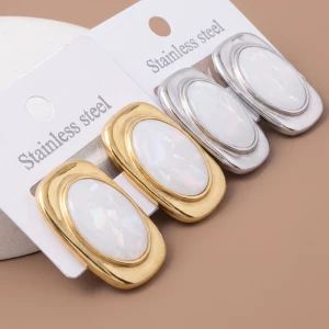 Stainless Steel Iridescent Oval Cabochon Stud Earrings