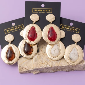 Gold Dipped Hammered Disc Stone Drop Earrings