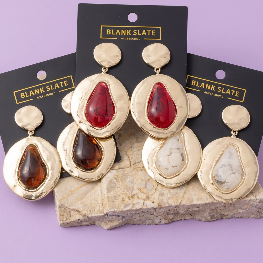 Gold Dipped Hammered Disc Stone Drop Earrings