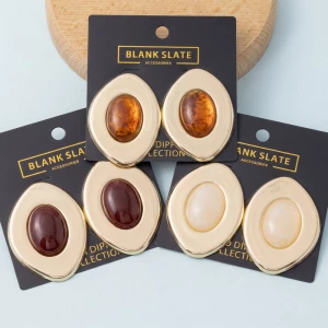 Gold Dipped Oval Cabochon Button Stud Earrings
