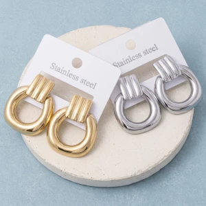 Stainless Steel Ribbed Top Door Knocker Earrings