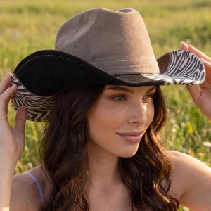 Zebra Print Colorblock Brim Vegan Suede Cowboy Hat