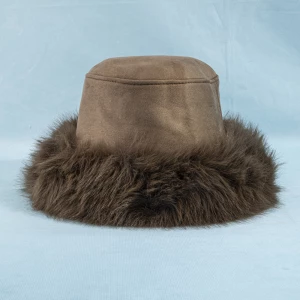 Plush Vegan Fur Trim Suede Bucket Hat