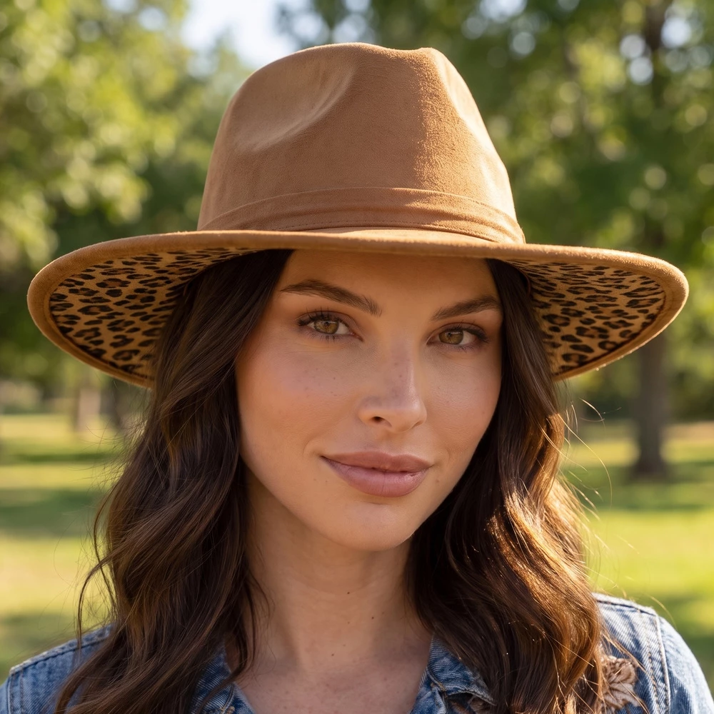 Leopard Print Underbrim Wide Brim Fedora Hat