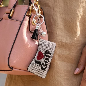 I Love Golf Rhinestone Padded Tassel Charm Keychain