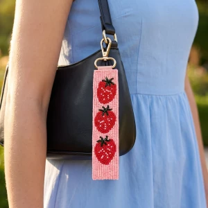Strawberry Beaded Wristlet Strap Keychain