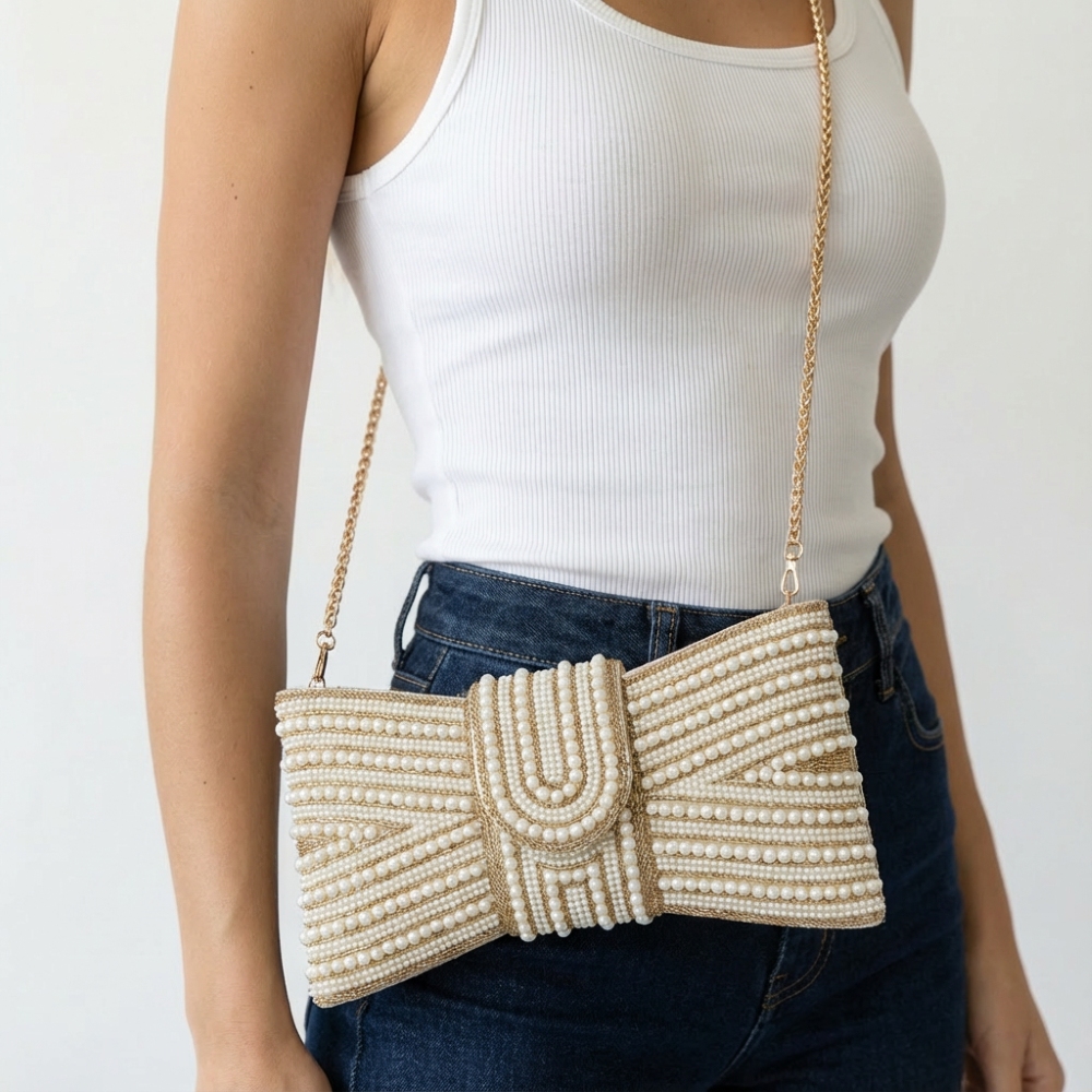 Spangle Pearl Bow Clutch Evening Bag