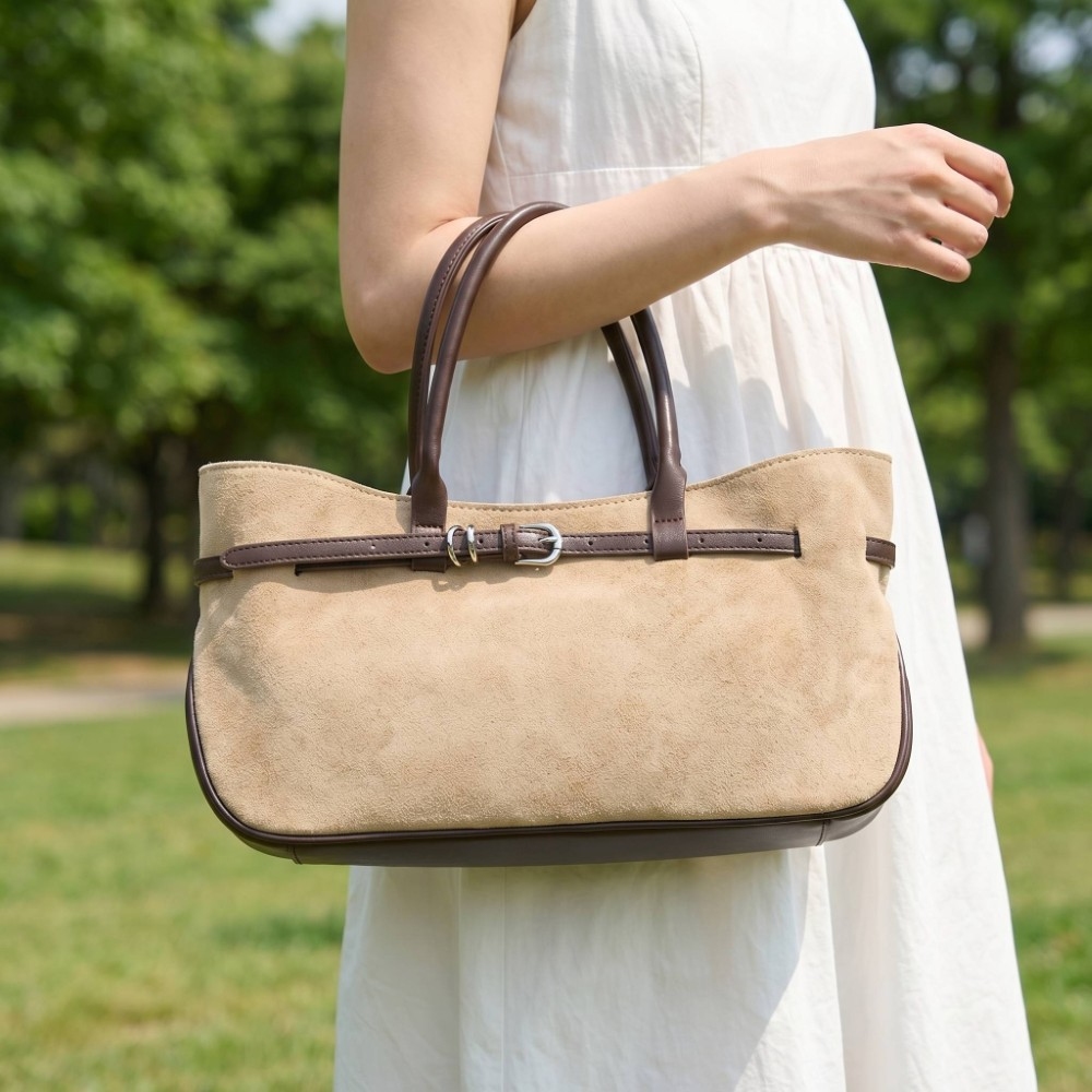 Wide Faux Suede Belted Satchel Hand Bag